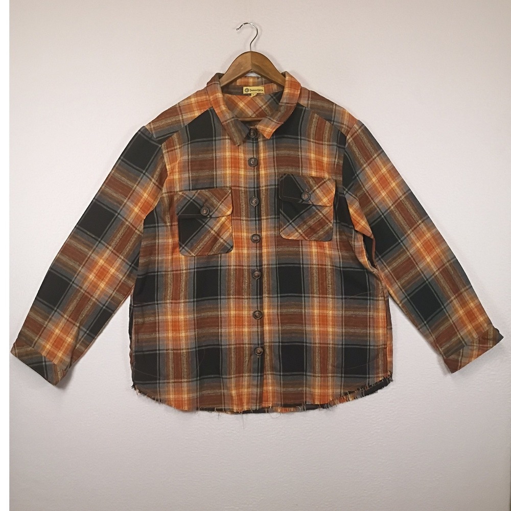 Grunge Democracy Womens Large Orange Plaid Raw Hem Button Down Flannel Shirt